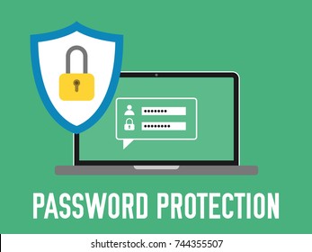 Password protection. Laptop with login and password concept. Shield with lock. Data protection. Flat vector illustration on green background.