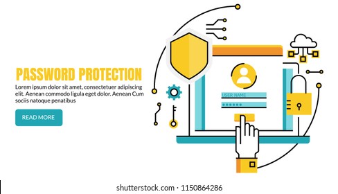 Password protection, Login, Access, Data security flat line vector banner with icons and texts