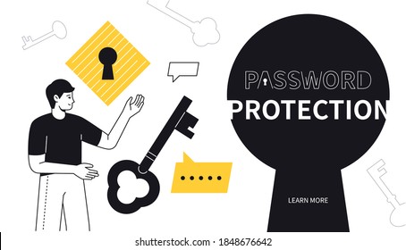 Protección con contraseña - Banner web de diseño plano moderno con elementos de línea y espacio de copia para texto. Seguridad de datos, idea de seguridad en Internet. Ilustración con un niño, llaves, tecleo, burbuja de voz