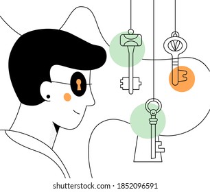 Protección con contraseña - moderna ilustración de diseño plano sobre fondo blanco con elementos de línea. Seguridad de datos personales, seguridad de Internet, idea de red. Composición con un niño, llaves, tecleo