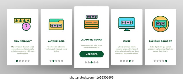 Password Protection Onboarding Icons Set Vector. Folder Security Password And Cloud Storage, Opened Padlock And Protect Shield Illustrations