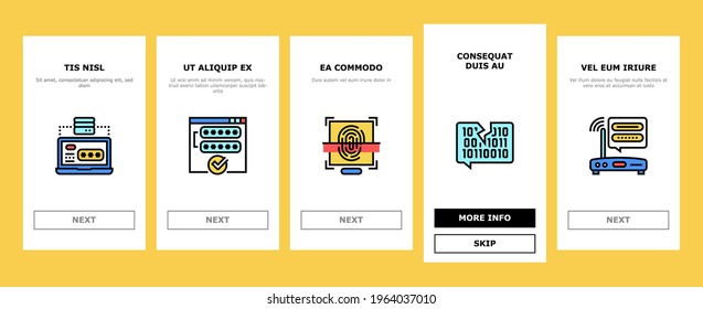 Vector de pantalla de la aplicación móvil de protección de contraseña en el tablero de anuncios. Ilustraciones De Teclas Electrónicas Y Huellas Digitales, Enrutador Y Computadora Wifi, Smartphone Y Contraseña De Carpeta