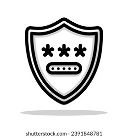Icono de protección de contraseña. Imagen de un escudo con contraseña. Protección de datos digitales personales. Ilustración vectorial.