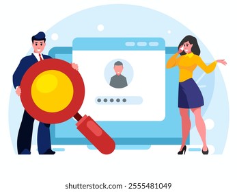 Password recovery. Businessman holding a huge magnifying glass. Businesswoman talking on smartphone with client or customer. Smiling woman employee have cellphone conversation. Business communication