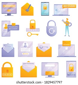 Password recovery icons set. Cartoon set of password recovery vector icons for web design