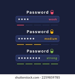 Indicador de confiabilidad de contraseña. Contraseña débil, media y fuerte. Autorización, inicio de sesión en la cuenta y concepto de suscripción. Tecnología de ciberseguridad. Ilustración vectorial.
