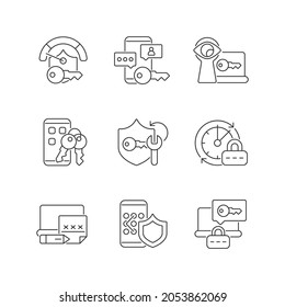 Password Requirements Linear Icons Set. Internet Safety. Cyberspace Security. Password Management. Customizable Thin Line Contour Symbols. Isolated Vector Outline Illustrations. Editable Stroke