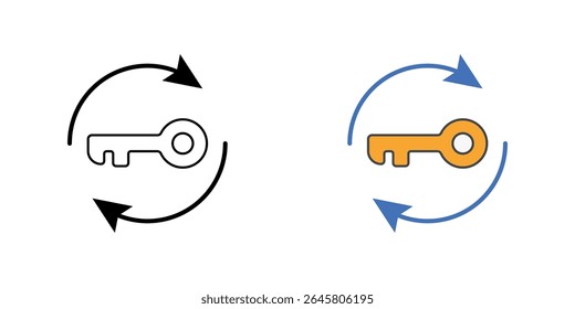 Ícone de política de rotação de senhas com chave, seta de atualização e loop, em estilos de estrutura de tópicos e cores, ideal para ilustrar práticas recomendadas de segurança, atualizações periódicas de senhas e proteção de acesso de TI