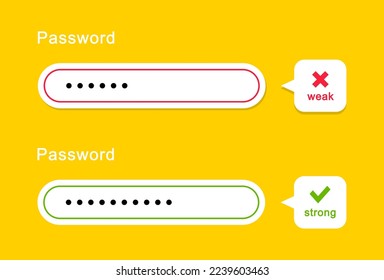 Seguridad de contraseñas. Plantilla de contraseña débil y fuerte para el sitio web. Concepto de autorización. Formulario de seguridad de contraseña para el registro de la cuenta. Protección de datos del usuario. Ilustración vectorial.