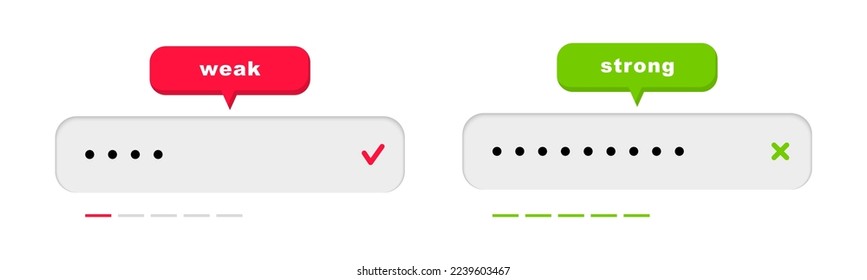 Password safety. Password weak and strong template for website. Authorization concept. Password security form for account registration. User data protection. Vector illustration.