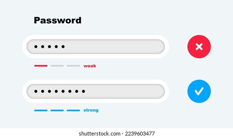 Seguridad de contraseñas. Plantilla de contraseña débil y fuerte para el sitio web. Concepto de autorización. Formulario de seguridad de contraseña para el registro de la cuenta. Protección de datos del usuario. Ilustración vectorial.