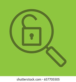 Password search color linear icon. Magnifying glass with open lock. Security. Thick line outline symbols on color background. Vector illustration