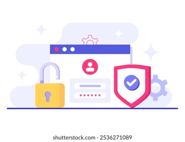 Acesso seguro por senha, Proteção de dados, Segurança cibernética, Segurança da Internet, Privacidade das informações, Proteção de conta ilustração de vetor plana para página inicial, aplicativo, banner da Web, infográfico, cartaz
