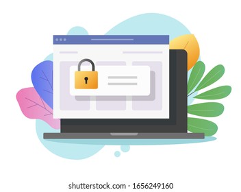 Password secure access on laptop computer on web internet browser window vector flat cartoon, pc lock or padlock as digital privacy website entry online, protection or authorization design colorful