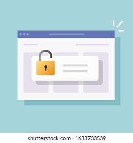 Password secure access on web internet browser window flat cartoon vector, open lock or padlock as digital privacy website entry online, protection of authorization technology modern design