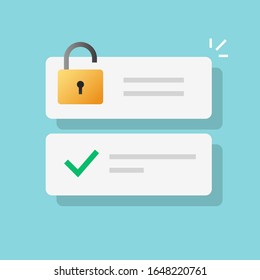 Password secure access as web internet notification with check mark flat cartoon vector, open lock or padlock as digital privacy website entry online, protection of authorization technology design