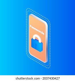 Password secure login access notice or authentication verification code note message bubble icon. Lock on screen. Digital communication. Web Landing page, template, web,  banner, homepage. Isometric
