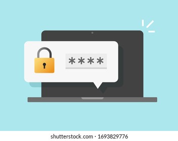 Password security access push notice on laptop computer or verification code notification on pc screen for authentication vector flat cartoon icon, private authorization symbol idea modern