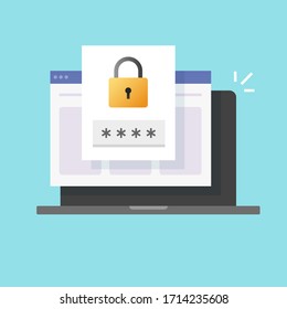 Password security access website notice on laptop computer isolated icon or verification code web internet notification on pc screen for authentication vector flat illustration, private authorization