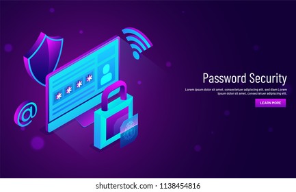 Password Security concept, responsive hero image design with  isometric view of login window with lock and security shield.