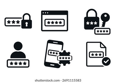 Conjunto de iconos de seguridad y protección de datos de Contraseña. Símbolos negros de Vector de autenticación y privacidad