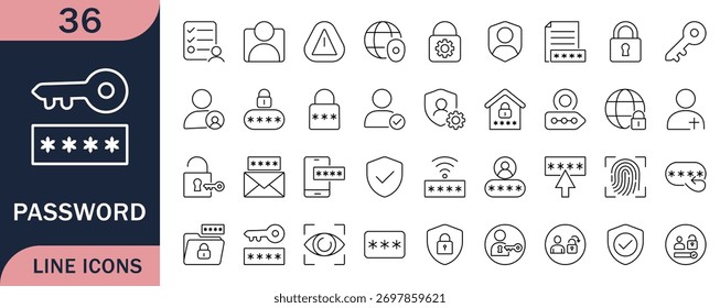 Conjunto de iconos de línea de Contraseña y seguridad, que muestra Inicio de sesión, bloqueo, privacidad, huella digital y símbolos de protección. Perfecto para proyectos de diseño de seguridad de Web, App y datos.
