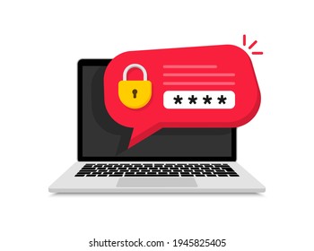 Password security notice on laptop. Verification code notification with lock and password for authentication. Private access or personal user authorization. Vector illustration.