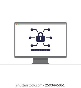 Password Security Protection Icon on Computer Screen with Digital Lock and Network Connection