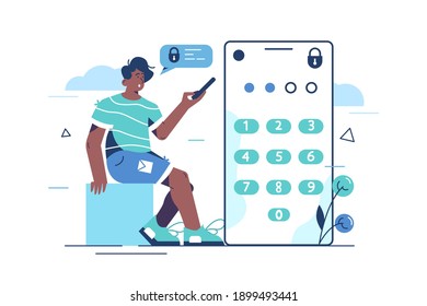 Password security system vector illustration. Man entering security code on smartphone flat style concept. Verification code, notification and private authorization idea. Isolated on white