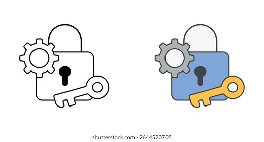 Password setup icon with lock, key, and gear, in outline and color styles, ideal for illustrating new account security, IT onboarding, and credential configuration in employee access systems.