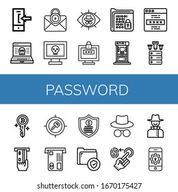 password simple icons set. Contains such icons as Login, Hack, Lock, Hacker, Password, Encrypt, Atm, Ddos, Key, Security, Secure, Fingerprint, can be used for web, mobile and logo