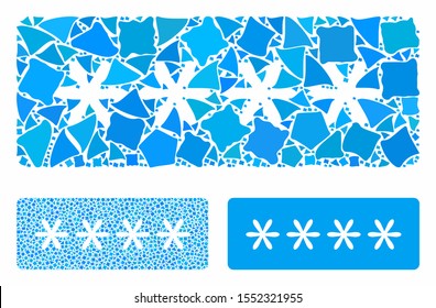 Password stars composition of rough elements in variable sizes and color hues, based on password stars icon. Vector rough elements are grouped into collage.