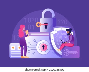 Password storage and data encryption services concept for website and mobile applications. Internet cyber security management illustration in gradient flat design. Encrypt password generator scene.