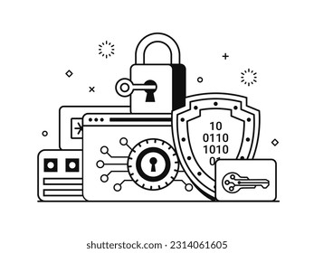 Password storage and data encryption services concept for website and mobile applications. Internet cyber security management illustration in line art design. Encrypt password generator scene.