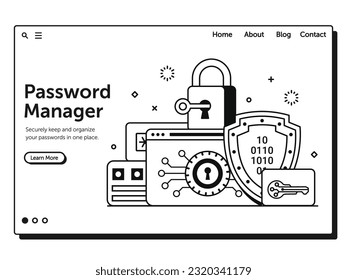 Password storage and data encryption services web banner concept. Internet cyber security management illustration in line art design. Encrypt password generator landing page template.