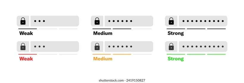 Iconos de fuerza de contraseña. Contraseña débil, media y fuerte. Iconos del vector