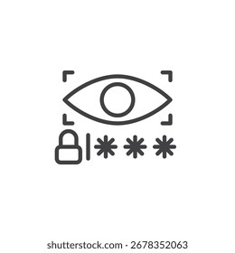 Password strength line icon. Outline vector icon with eye and asterisks, representing monitoring or visibility of login security. Clear privacy sign symbol.