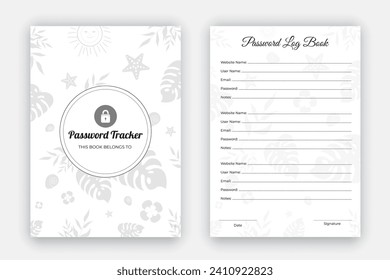 Password tracker daily planner log book, notebook, diary layout design on nature flower leaf background template, personal and website data format, black and white paper reminder, journal, interior