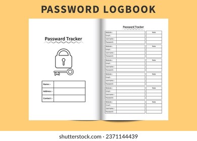 Password tracker diary layout and interior design. Simple password and website information tracker notebook. Website daily info tracker logbook vector. Password tracker journal template.