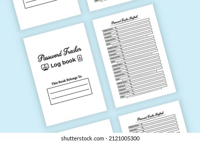 Password tracker journal template. Password tracker log book template. Website information and password tracker notebook interior. Logbook interior.