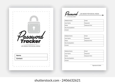 
Password tracker log book design template, personal and website data format notebook, reminder journal interior with black and white paper