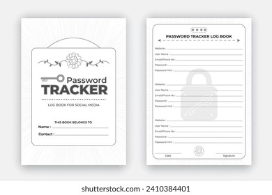 Password tracker log book design template, personal and website data format notebook, reminder journal interior with black white paper