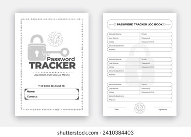 Password tracker log book design template, personal and website data format notebook, reminder journal interior with black white paper