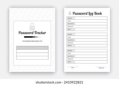 Password tracker log book design template, reminder book, journal interior design with black and white paper pattern style, KDP interior design template to store your personal information