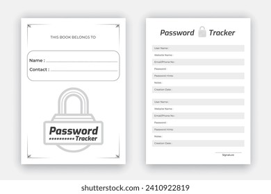 Password tracker log book layout, KDP interior template to store your personal information, black and white paper reminder journal interior