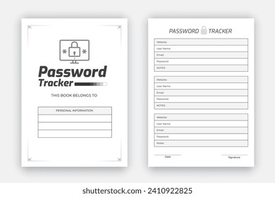 Password tracker log book layout, KDP interior template to store your personal information, black and white paper reminder journal interior