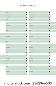 Registro de seguimiento de contraseñas. Diario del libro de contraseñas. Plantilla de seguimiento de contraseñas. Tamaño A4 Fácilmente Editable. Registro de registro de seguimiento de contraseñas KDP Interior.