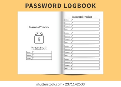 Password tracker notebook template. Website password and information tracker journal vector. Website login info and password logbook. Password writing diary interior with website info sections.