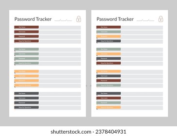 Password Tracker Template, Modern Planner Template Set, Vector Planner