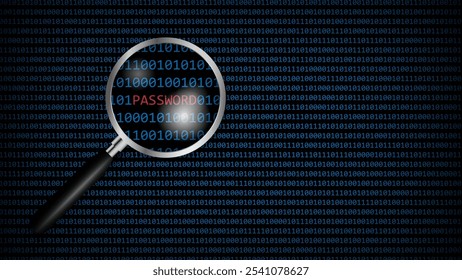 Senha sob lente de aumento com código de computador digital, segurança de tecnologia cibernética, projeto de fundo de proteção de rede, ilustração vetorial